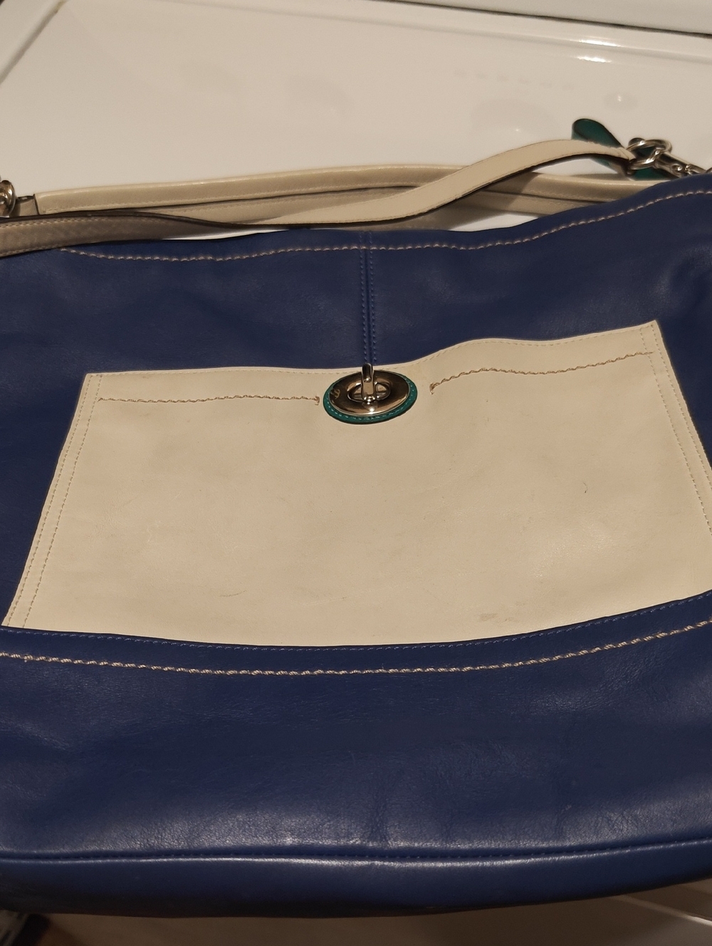 Blue and Cream Leather Shoulder Bag - Coach